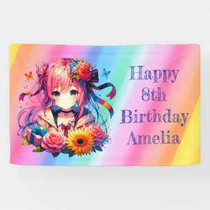 Pretty Rainbow Anime Girl Personalized Birthday Banner
