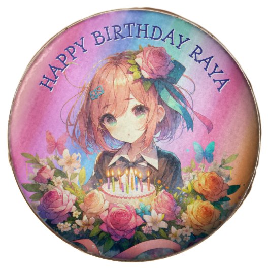 Pretty Rainbow Anime Girl Personalized Birthday Chocolate Covered Oreo (Front)