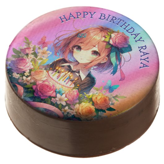 Pretty Rainbow Anime Girl Personalized Birthday Chocolate Covered Oreo (Angled)
