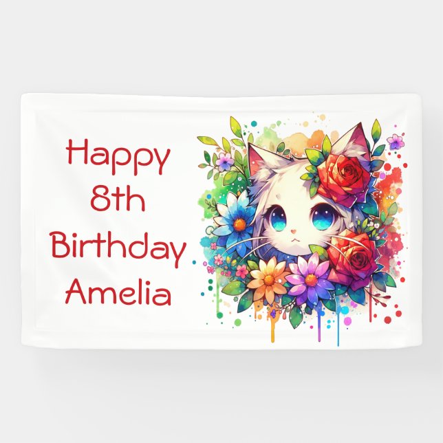 Pretty Rainbow Anime Kitten Personalized Birthday  Banner (Horizontal)