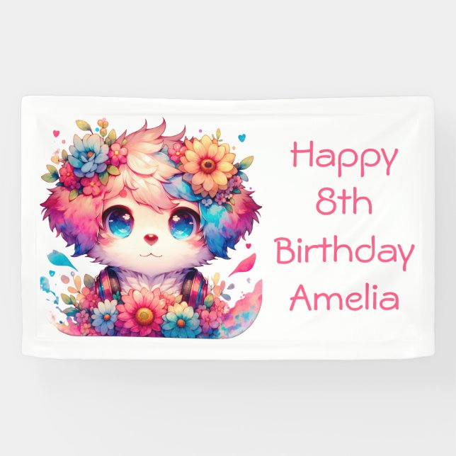 Pretty Rainbow Anime Puppy Personalized Birthday  Banner (Horizontal)