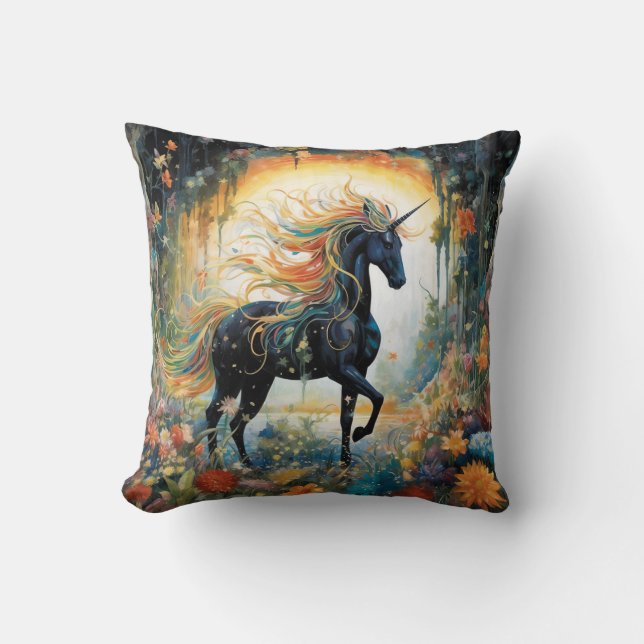 Pretty Rainbow Black Unicorn Throw Pillow for Her (Front)