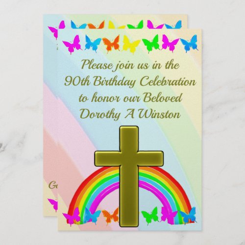 PRETTY RAINBOW CHRISTIAN 90TH BIRTHDAY INVITATION