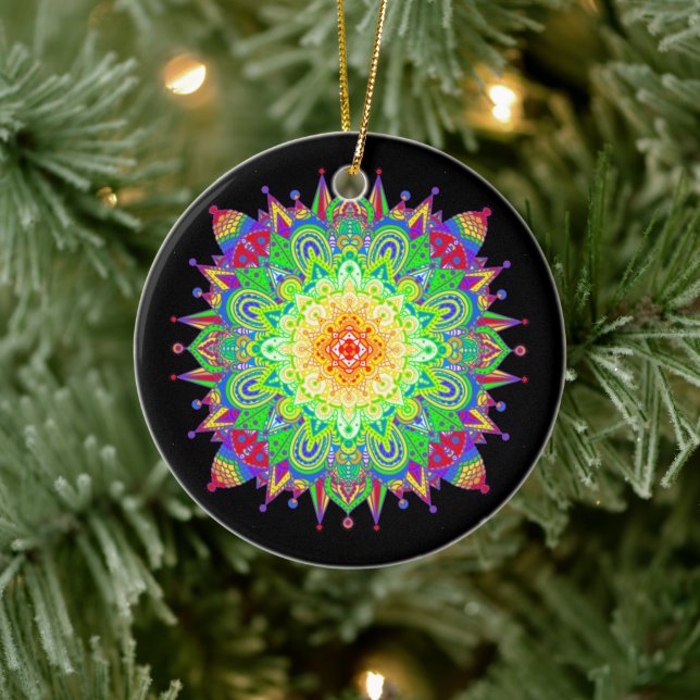Pretty Rainbow Colored Mandala Abstract Art Cerami Ceramic Ornament (Tree)