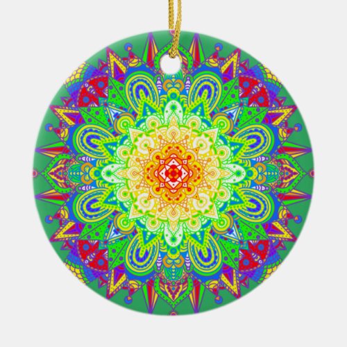 Pretty Rainbow Colored Mandala Abstract Art Cerami Ceramic Ornament