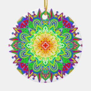 Pretty Rainbow Colored Mandala Abstract Art Ceramic Ornament