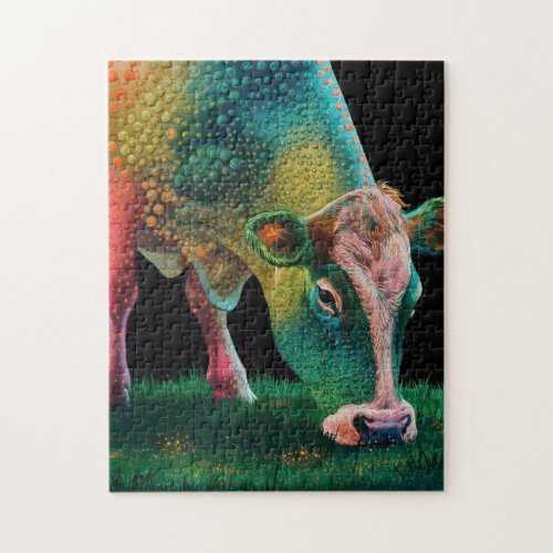 Pretty Rainbow Cow Eating Grass Jigsaw Puzzle