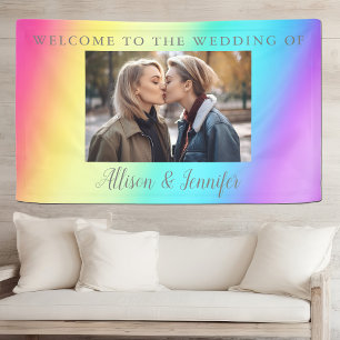 Pretty Rainbow Custom Couple Photo Wedding Welcome Banner