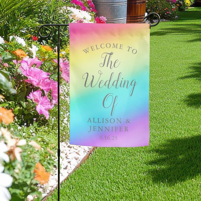 Pretty Rainbow Fade Custom Wedding Welcome Garden Flag (Creator Uploaded)