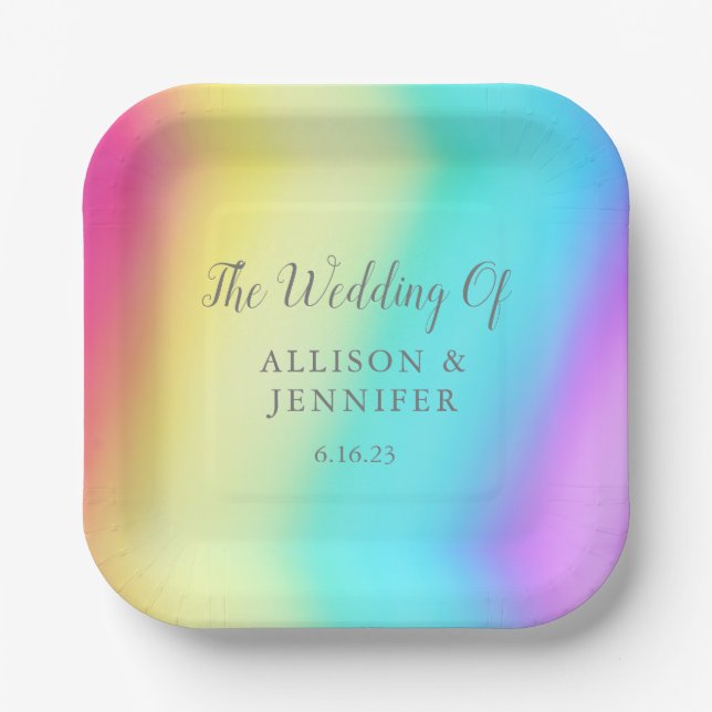 Pretty Rainbow Fade Personalized LGBTQ Wedding Paper Plates (Front)
