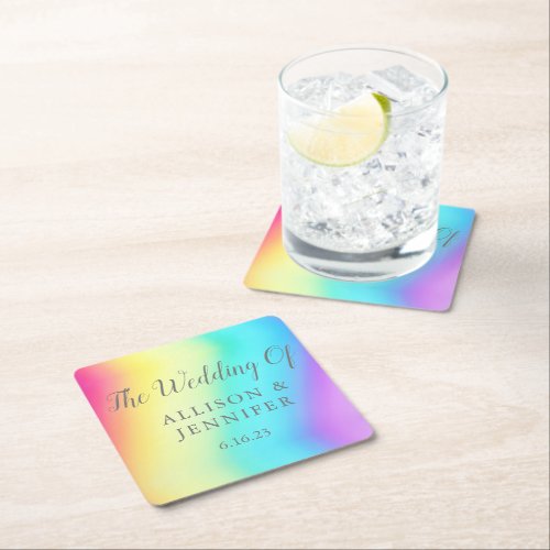 Pretty Rainbow Fade Personalized LGBTQ Wedding Square Paper Coaster