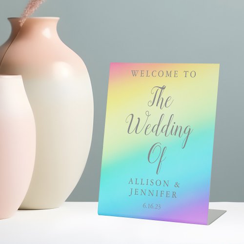 Pretty Rainbow Fade Personalized Wedding Welcome Pedestal Sign