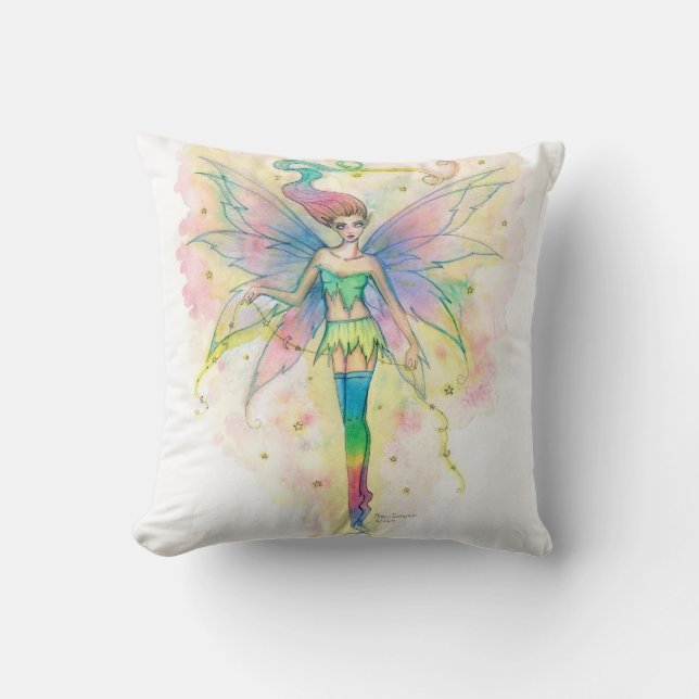 Pretty Rainbow Fairy in Stars Fantasy Art Pillow (Front)