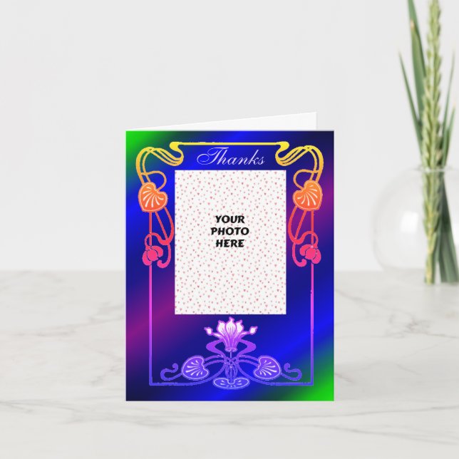 Pretty Rainbow Floral Frame Wedding Photo  Thank You Card (Front)