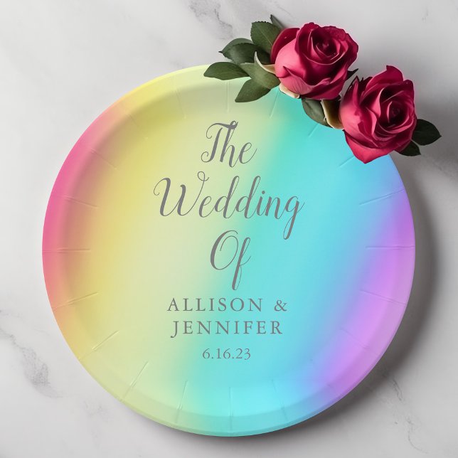 Pretty Rainbow Gradient Personalized LGBTQ Wedding Paper Plates (Creator Uploaded)