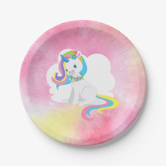 Pretty Rainbow Hair Unicorn Paper Plates (Front)