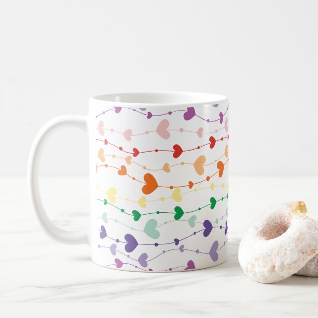 Pretty Rainbow Hearts Pattern Kitchen Coffee Mug (With Donut)