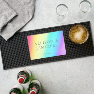 Pretty Rainbow Personalized LGBTQ Wedding Bar Mat