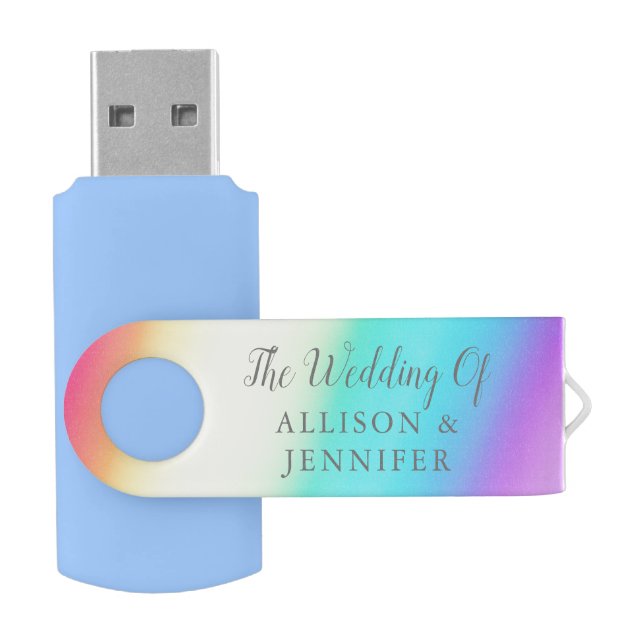Pretty Rainbow Personalized LGBTQ Wedding Flash Drive (Opened)