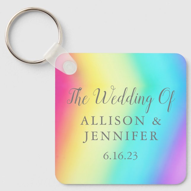Pretty Rainbow Personalized LGBTQ Wedding Keychain (Front)