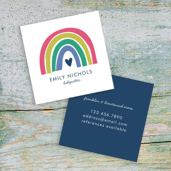 Pretty Rainbow Pink Navy Green Boho Babysitter Square Business Card by JAmberDesign at Zazzle