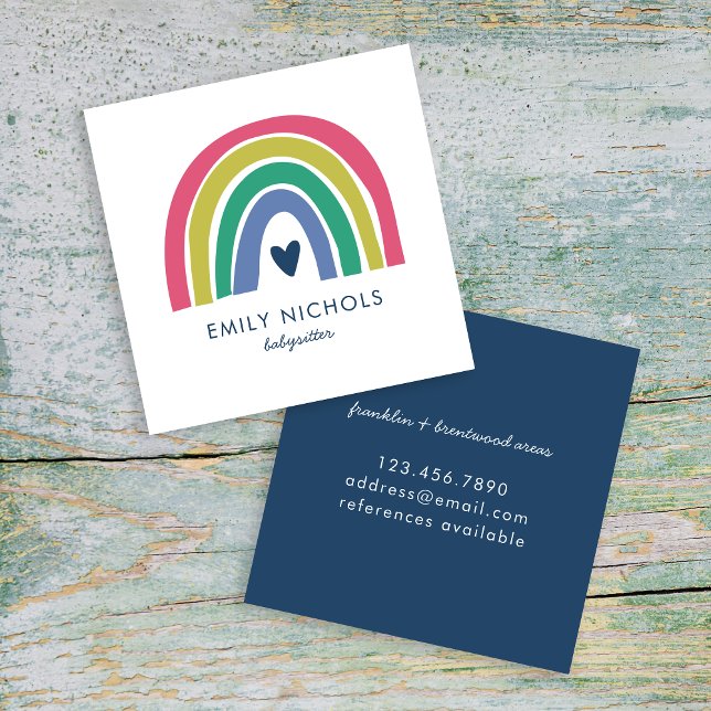 Pretty Rainbow Pink Navy Green Boho Babysitter Square Business Card (Creator Uploaded)