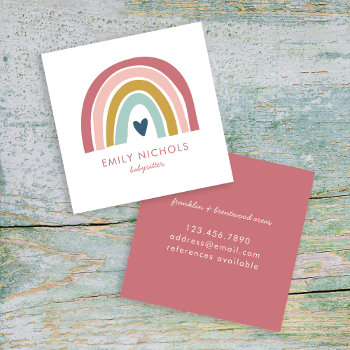 Pretty Rainbow Pink Navy Mustard Boho Babysitter Square Business Card by JAmberDesign at Zazzle