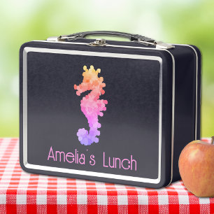 Pretty Rainbow Seahorse Personalized Metal Lunch Box