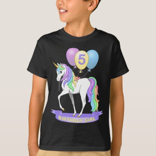 Pretty Rainbow Unicorn 5th Birthday Girl T_Shirt