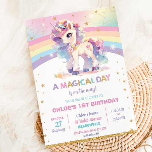 Pretty Rainbow Unicorn Birthday Party Girl Invitation