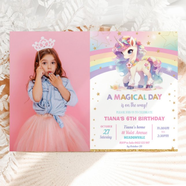Pretty Rainbow Unicorn Birthday Party Girl Photo Invitation (Creator Uploaded)