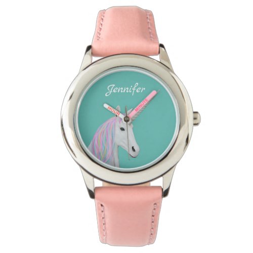 Pretty Rainbow Unicorn Custom Name Kids Pink Watch