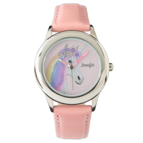 Pretty Rainbow Unicorn Floral Pink Girls Watch