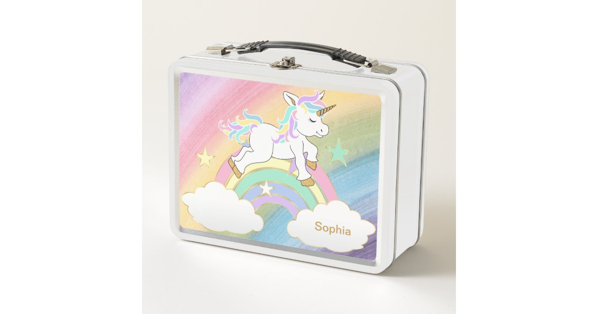 Girls Cute Pink Unicorn Rainbow Personalized Metal Lunch Box