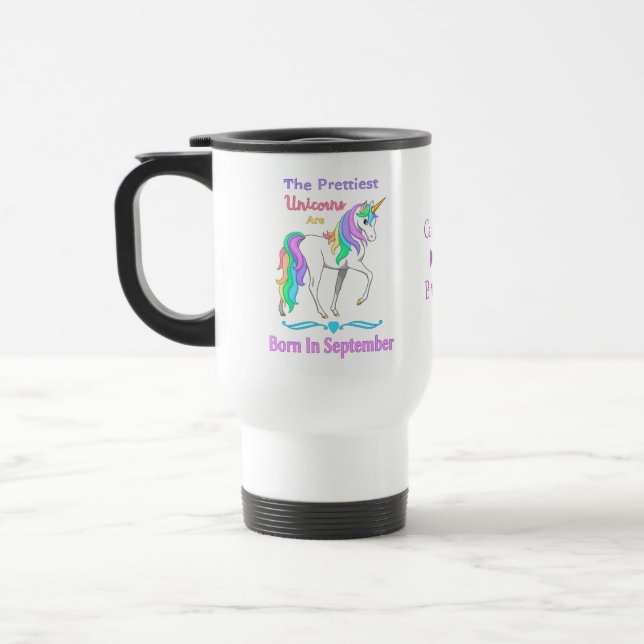 Pretty Rainbow Unicorns Born In September Travel Mug (Left)