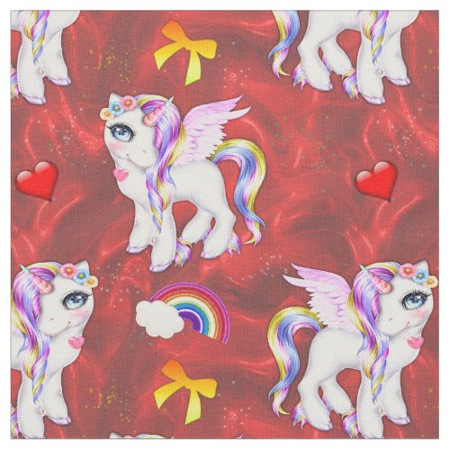 Pretty Rainbow Unicorns on Faux Red Silk