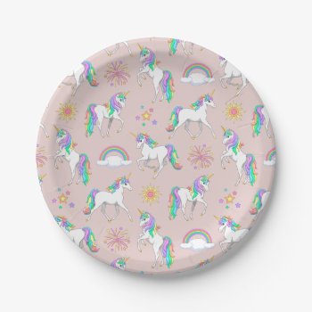 Pretty Rainbow Unicorns Paper Plates by Fun_Forest at Zazzle