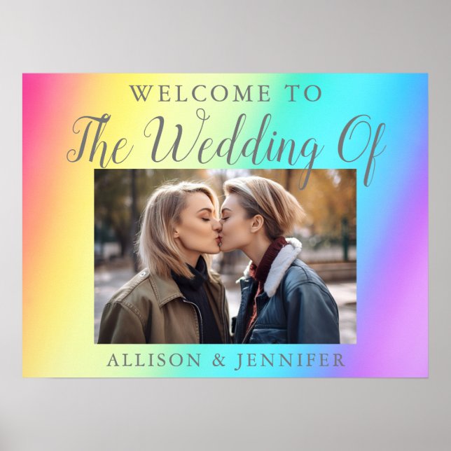 Pretty Rainbow Wedding Couple Photo Welcome Poster (Front)