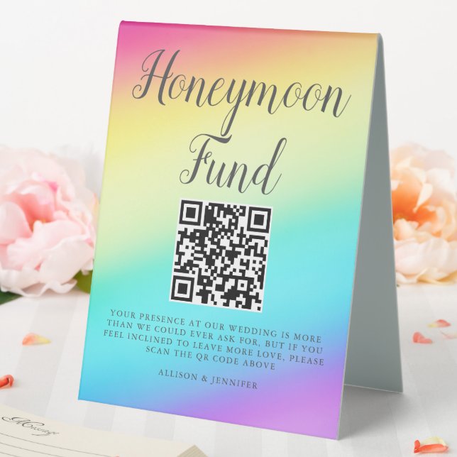 Pretty Rainbow Wedding Custom Honeymoon Fund Table Tent (In SItu (Wedding))