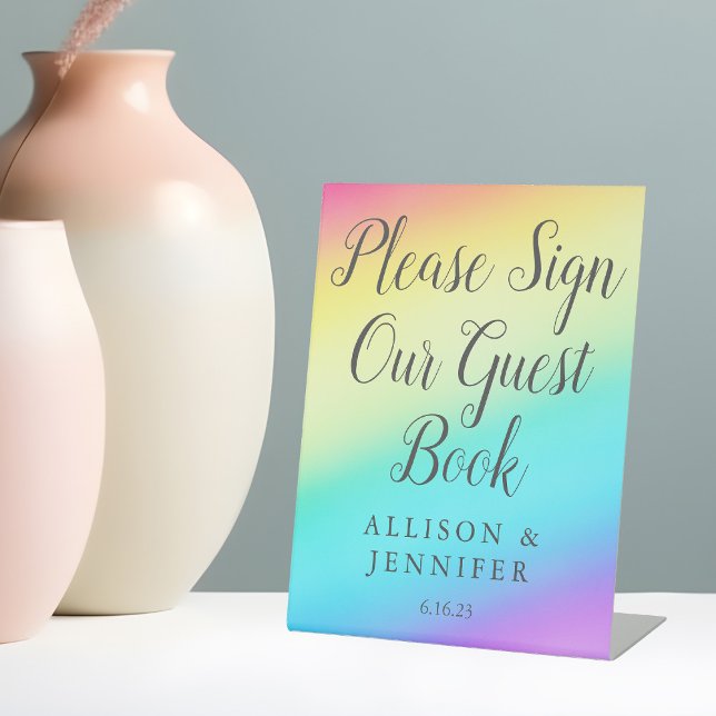Pretty Rainbow Wedding Gradient Guest Book Pedestal Sign (Creator Uploaded)