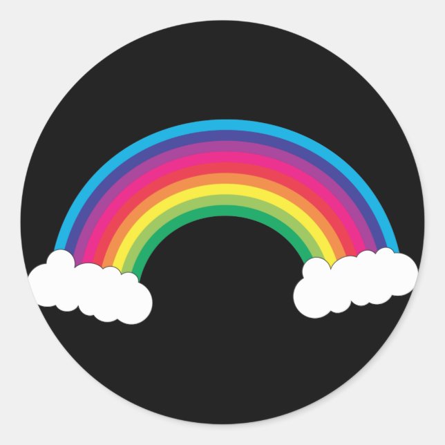 Pretty Rainbow White Clouds Black Background Classic Round Sticker (Front)