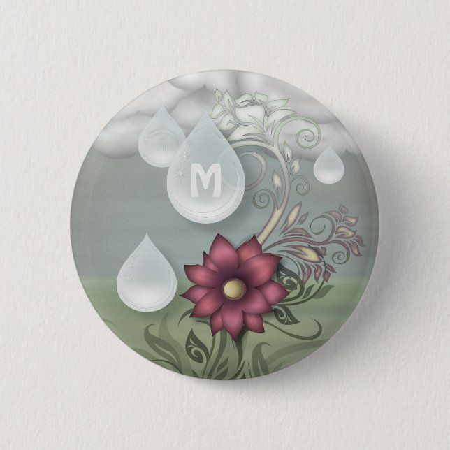 Pretty Raindrops Personalized Monogram Button (Front)