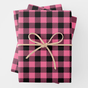 Pretty Raspberry Pink And Black Buffalo Plaid Wrapping Paper Sheets