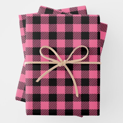 Pretty Raspberry Pink And Black Buffalo Plaid  Wrapping Paper Sheets