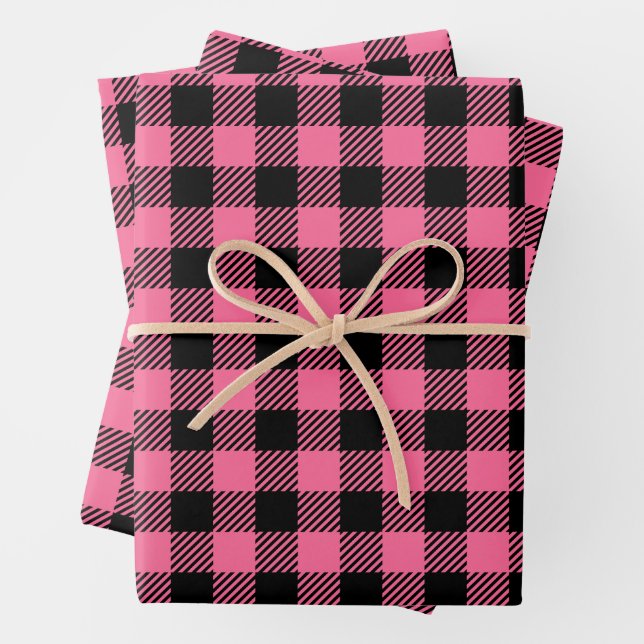 Pretty Raspberry Pink And Black Buffalo Plaid  Wrapping Paper Sheets (In situ)