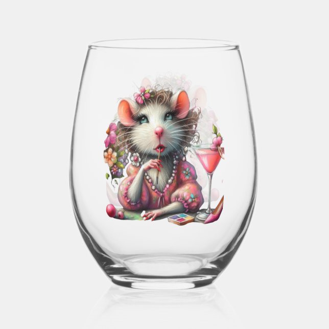 Pretty Rat Lady Having a Martini Contemplating Stemless Wine Glass (Front)