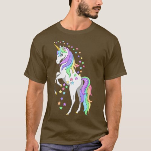 Pretty Rearing Rainbow Unicorn  Colorful Stars  T_Shirt