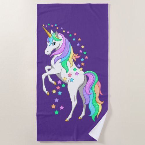 Pretty Rearing Rainbow Unicorn Falling Stars Beach Towel