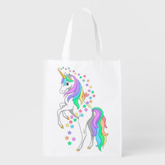 Pretty Rearing Rainbow Unicorn Falling Stars Grocery Bag