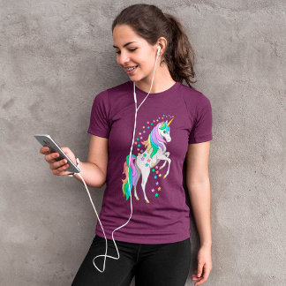 Pretty Rearing Rainbow Unicorn Falling Stars T-Shirt